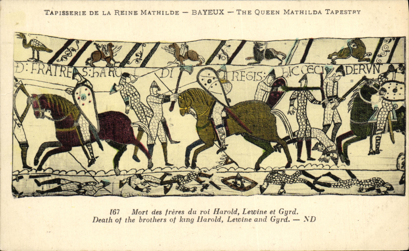 Tapiceria de Bayeux de la POSTAL de la VENDIMIA de muertos la reina de Matilde de los hermanos de rey Harold Lewine y Gyrd
