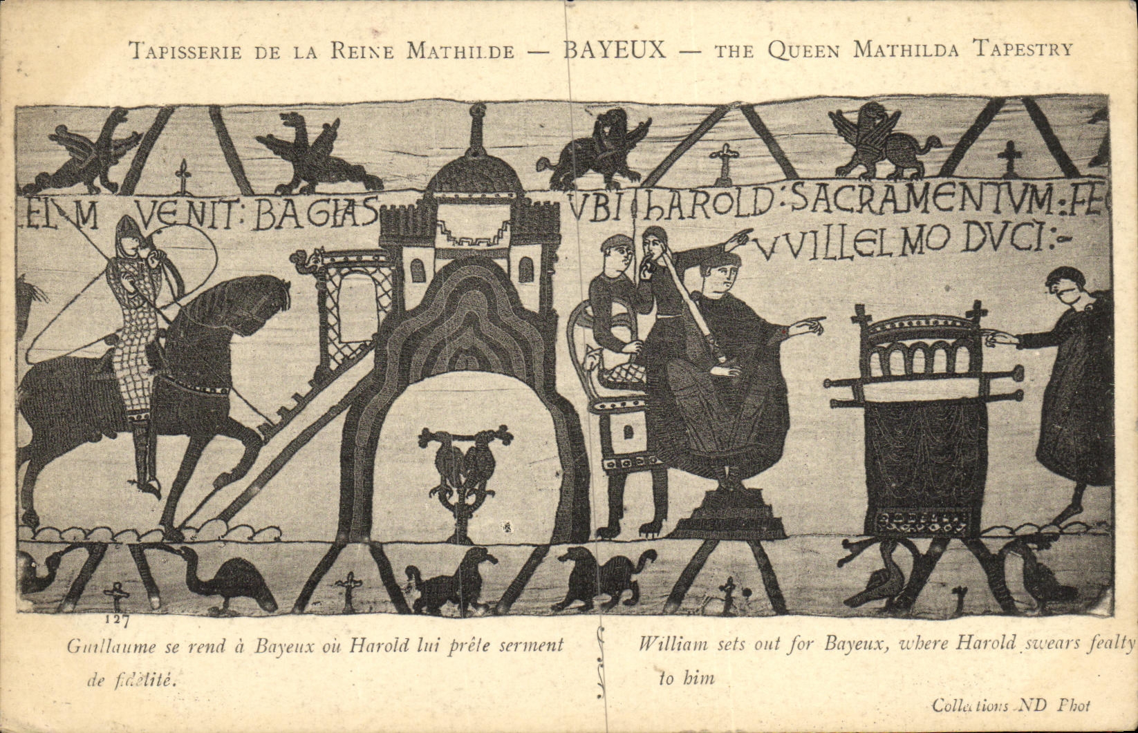 La POSTAL Bayeux Tapisserie de la VENDIMIA de la reina Matilde que va Guillermo tiene Bayeux o Harold presta juramento a el