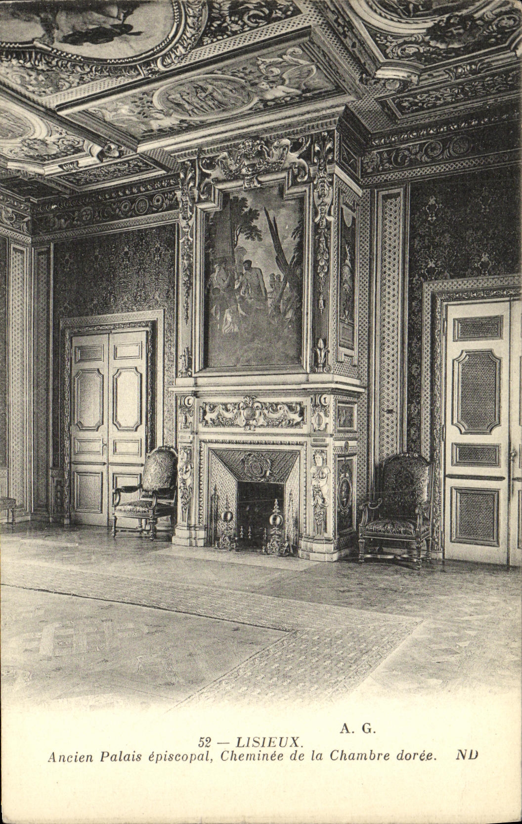 Chimenea episcopal vieja del paladar de Lisieux de la POSTAL de la VENDIMIA del cuarto dorado