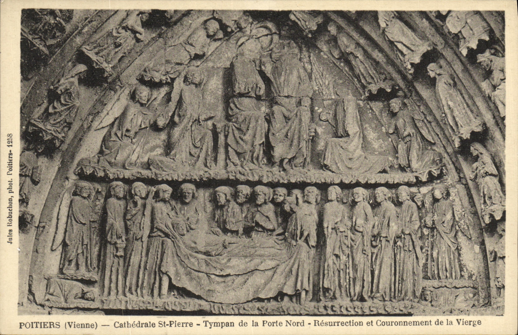VINTAGE POSTCARD Poitiers Cathedral St Pierre Tympanum of the Northern Gate Resurrection and Crowning of the Virgin
