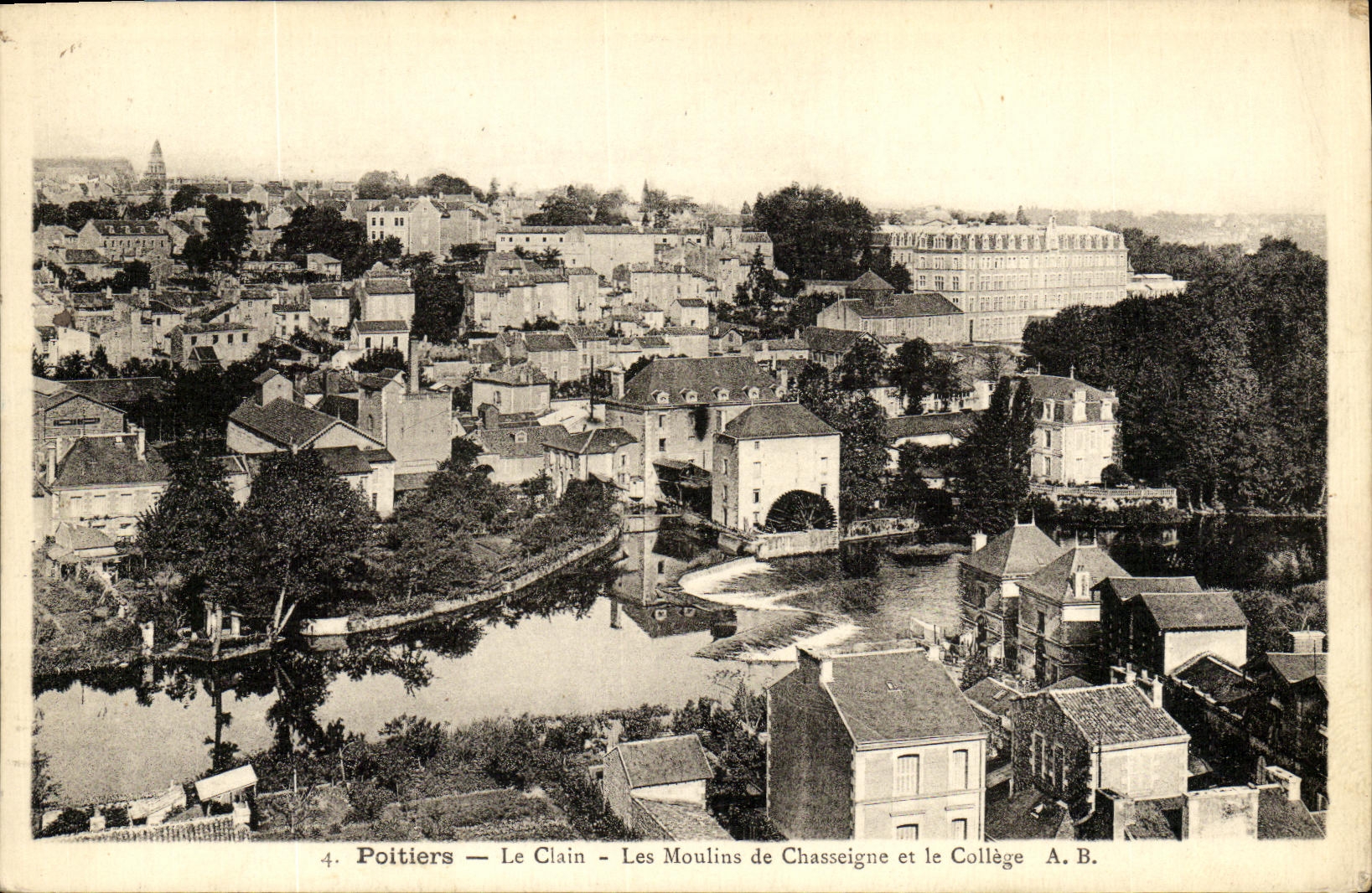 VINTAGE POSTCARD Poitiers Clain Moulins of Chassaigne and the College