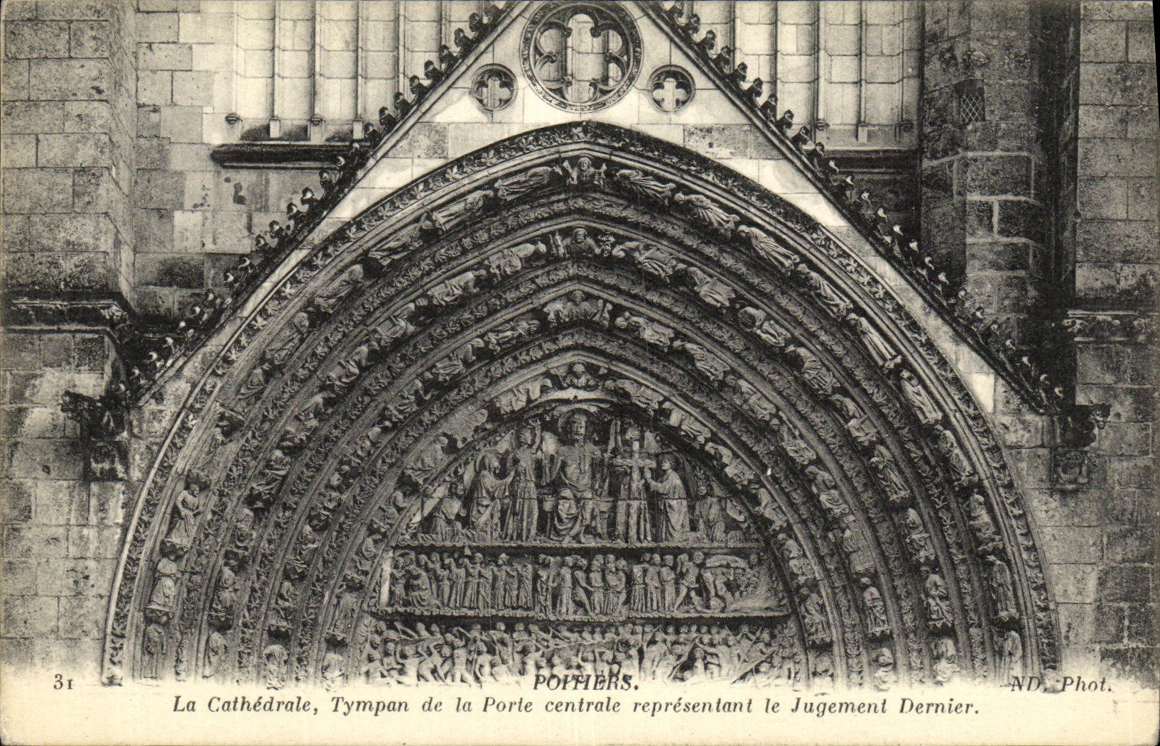 VINTAGE POSTCARD Poitiers the Cathedral Tympanum of the Central Gate representing the last judgment