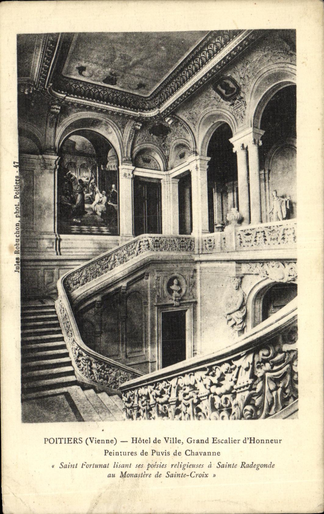 VINTAGE POSTCARD Poitiers Town hall Large Staircase D Honor Paintings of Puvis de Chavanne