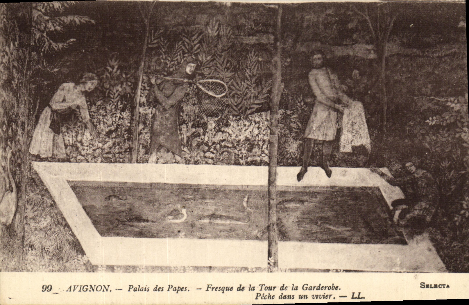 Paladar de Avignon de la POSTAL de la VENDIMIA de los papas Fresco de la torre de la pesca del garderobe en una charca de pescados