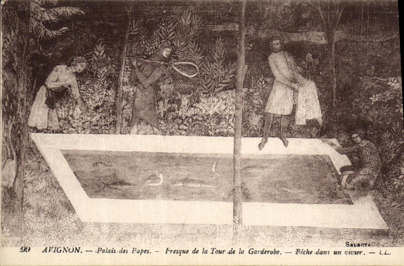 La POSTAL Avignon Palais de la VENDIMIA de los papas Fresco de la torre de Garderobe pesca en una charca de pescados