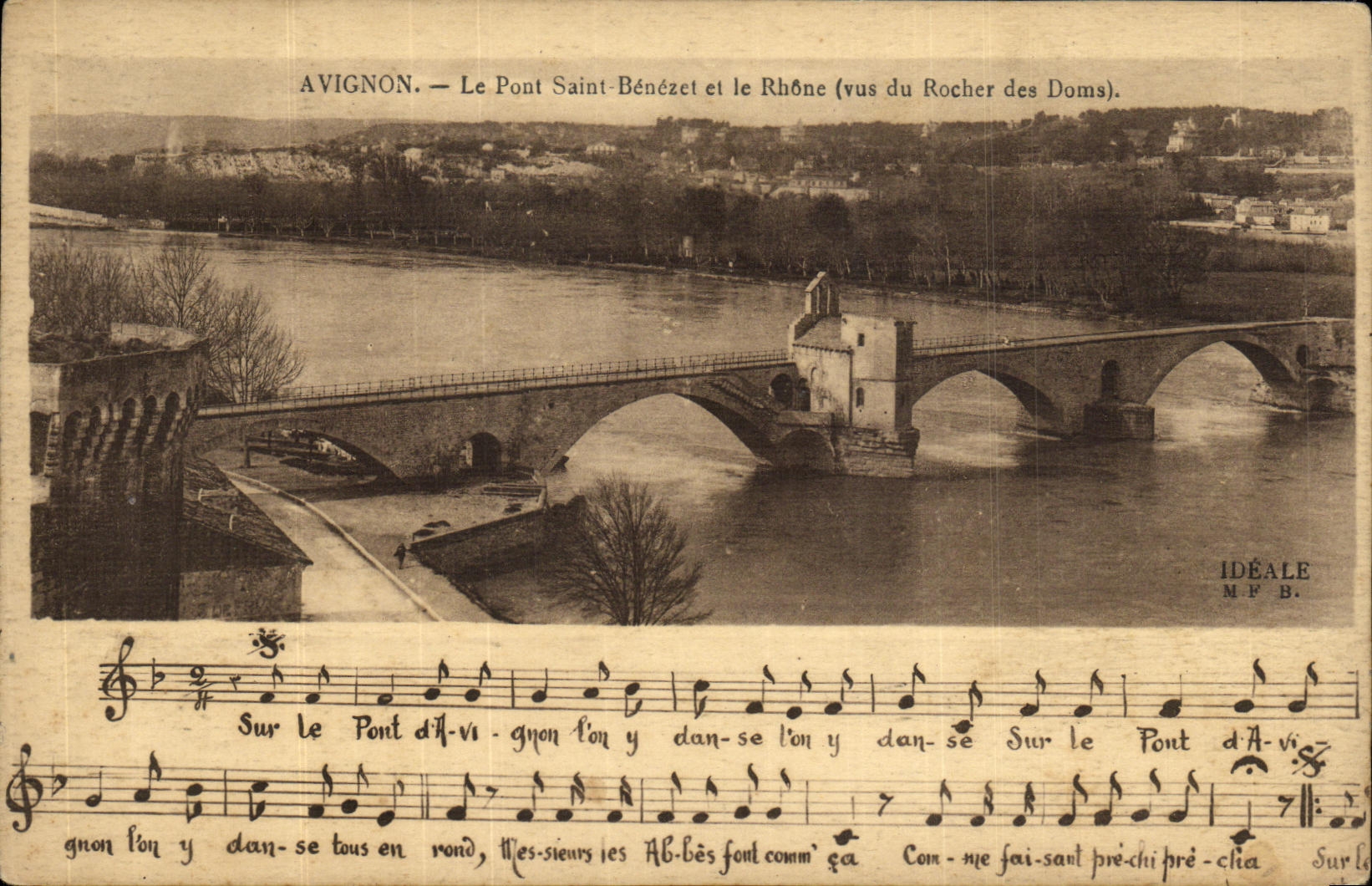 POSTAL Avignon de la VENDIMIA el puente santo Benezet y el Rhone visto de la roca de Doms