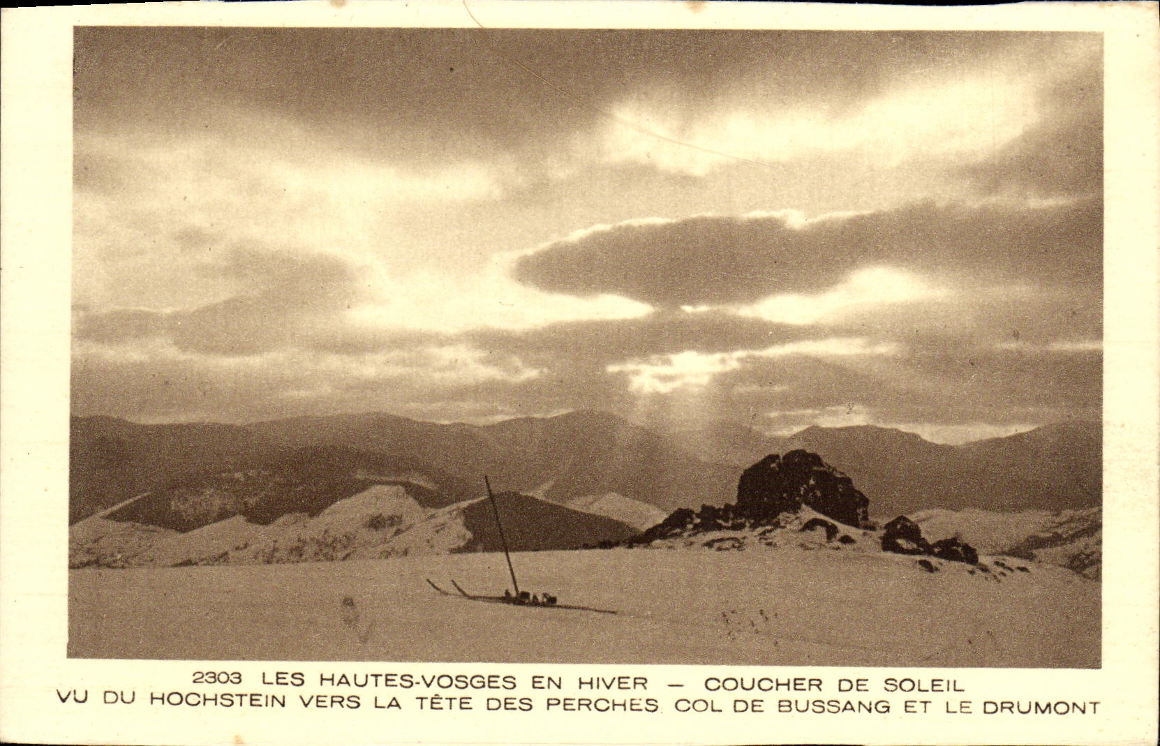 VINTAGE POSTCARD On the High Vosges in winter Sunset seen of Hochstein towards the head of the poles collar of Bussang and Drumont