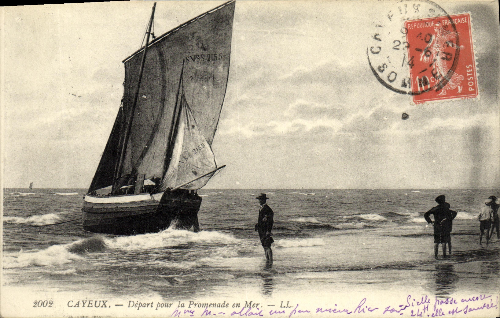 VINTAGE POSTCARD Cayeux Departure For the Walk At sea Sailing Bateay