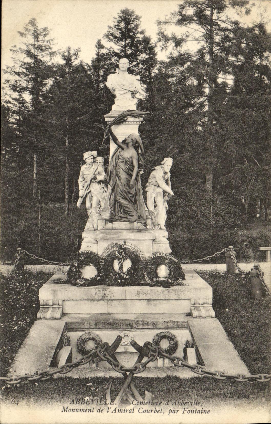 VINTAGE POSTCARD Abbeville Cemetery D Abbeville Monument of L admiral Courbet by fountain