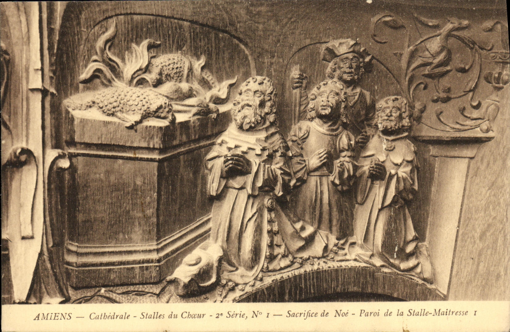 VINTAGE POSTCARD Amiens Cathedral Stalls of the Chorus Sacrifice of Noah Wall of the stall amitress