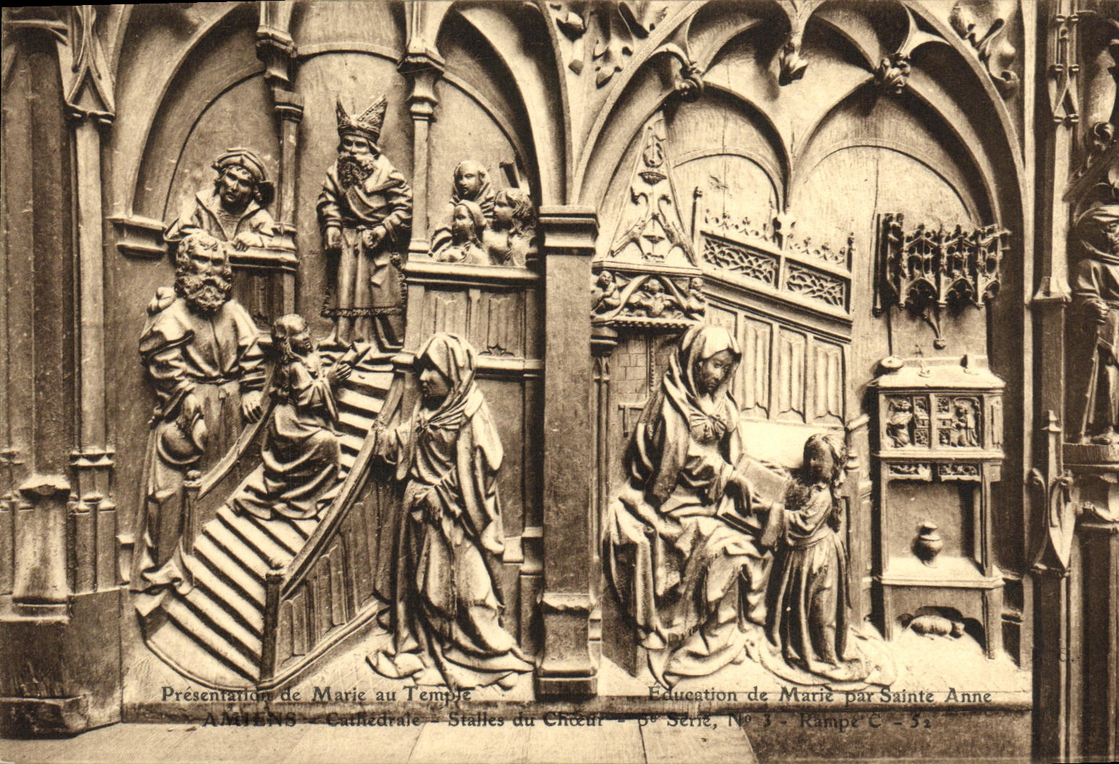 VINTAGE POSTCARD Amiens Cathedral Stalls of the Marie Chorus to the temple Education of Marie per Sainte Anne