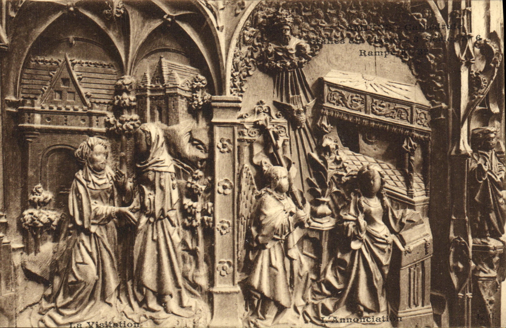 VINTAGE POSTCARD Amiens Cathedral Stalls of the chorus the Visitation L Annunciation