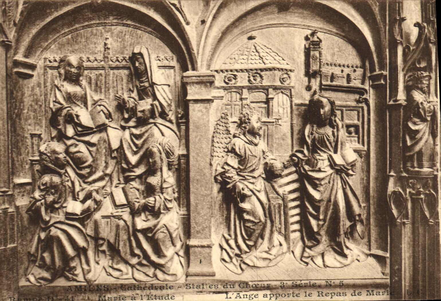 VINTAGE POSTCARD Amiens Cathedrale Stalls of the Marie Chorus has L study L angel brings the meal of Marie