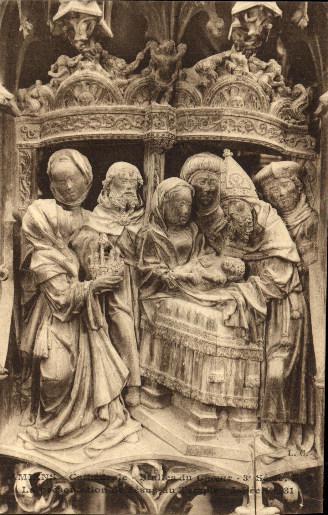 VINTAGE POSTCARD Amiens Cathedral Stalls of the Chorus presentation of Jesus to the temple