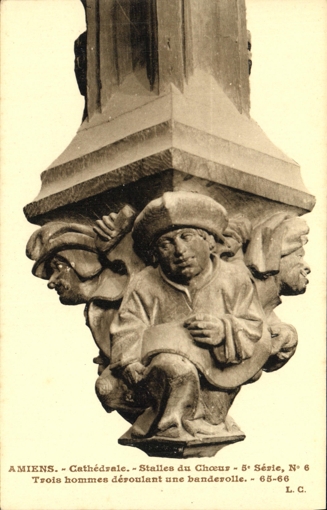 VINTAGE POSTCARD Amiens Cathedral Stalls of the Chorus Three Men Unrolling a Streamer
