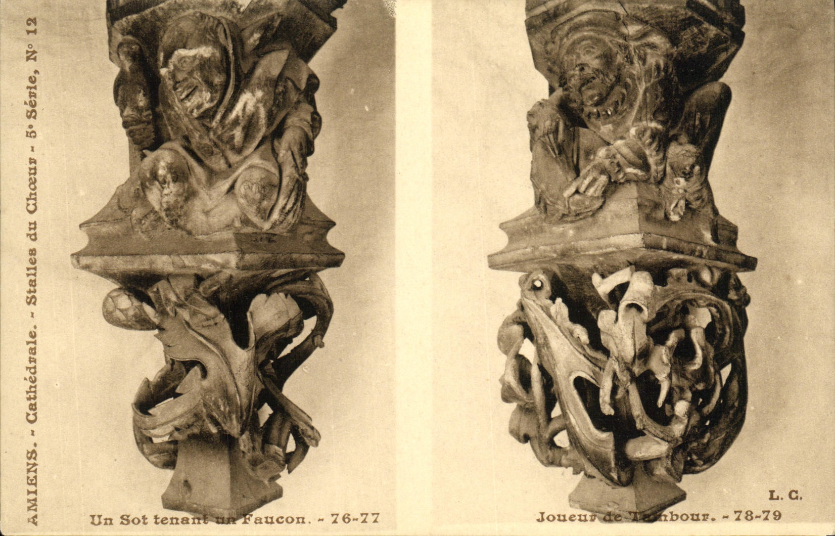 VINTAGE POSTCARD Amiens Cathedral Stalls of the Chorus stupid holding a falcon Player of drum