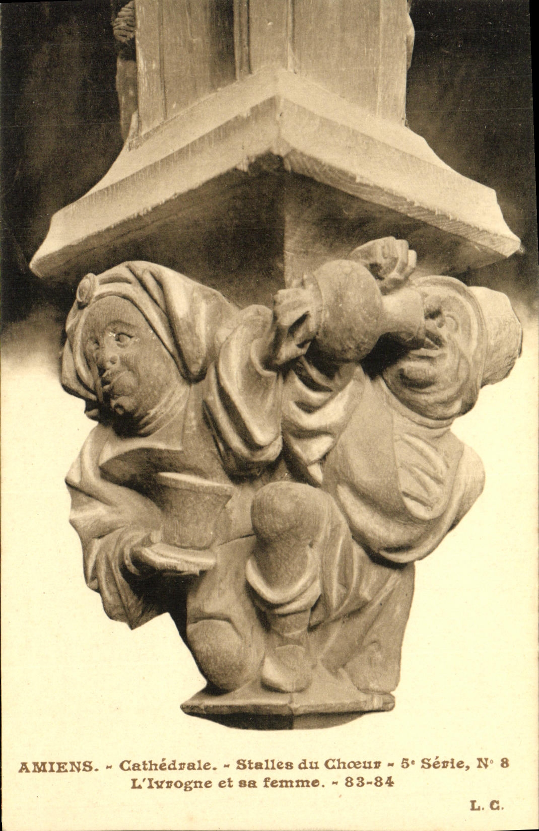 VINTAGE POSTCARD Amiens Cathedral Stalls Of the Chorus L addicted to drink and its wife Alcohol