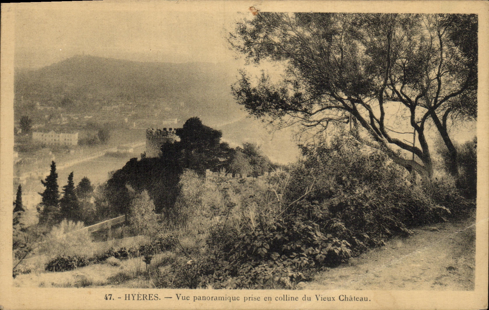 CPA Hyeres Vue panoramique prise en colline du vieux chateau