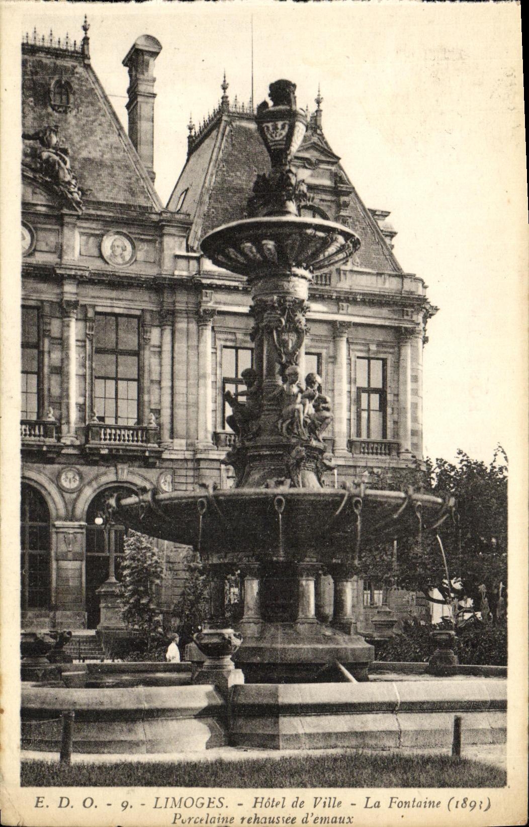 VINTAGE POSTCARD Limoges Town hall the Fountain Porcelaien rehaussee D enamels