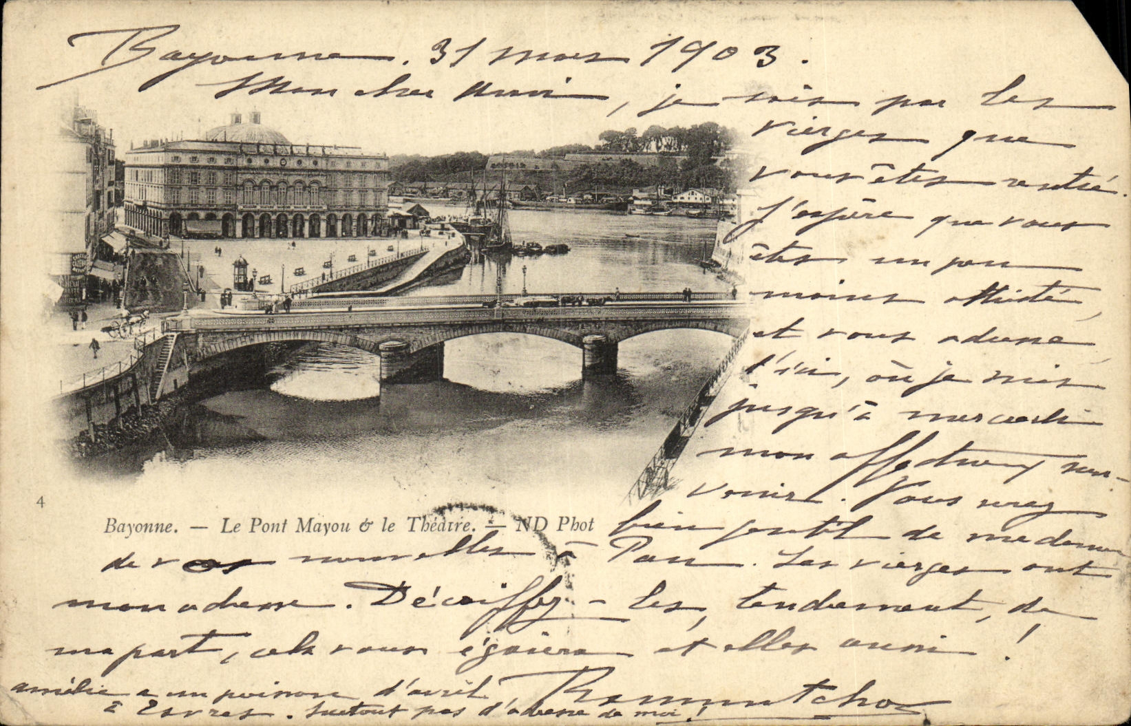VINTAGE POSTCARD Bayonne the Mayou Bridge the Theater