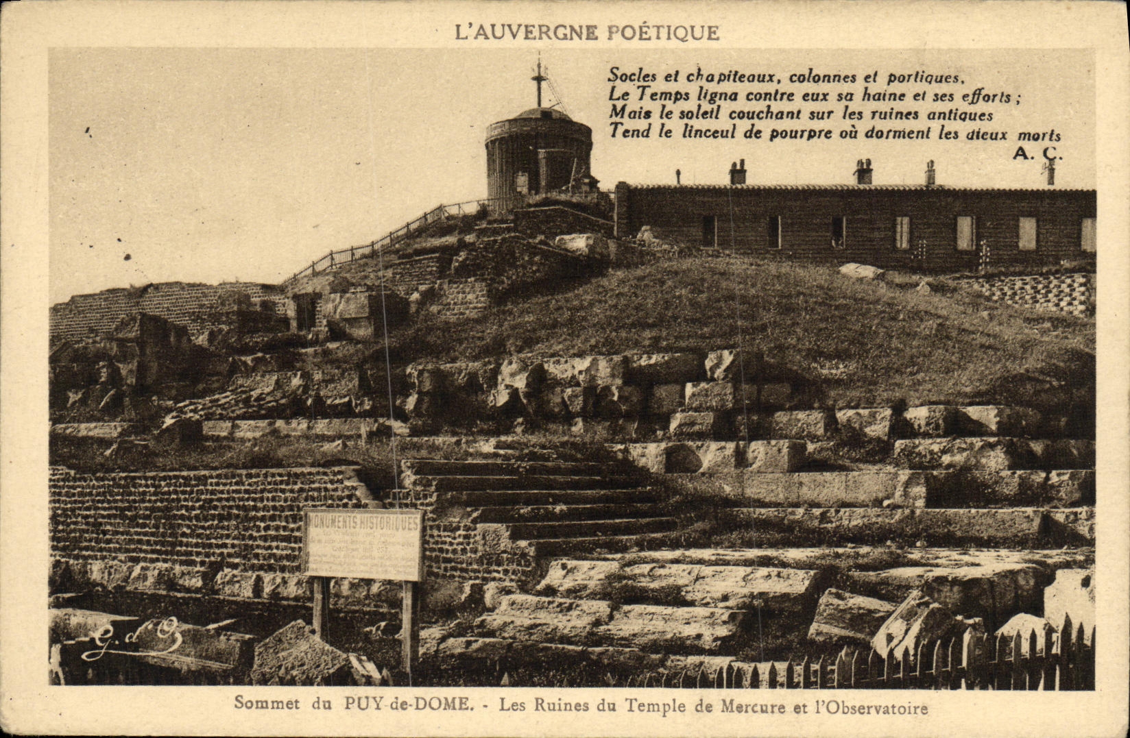 VINTAGE POSTCARD Summit De Puy De Dome Ruins of the Temple of Marcure and L Obervations