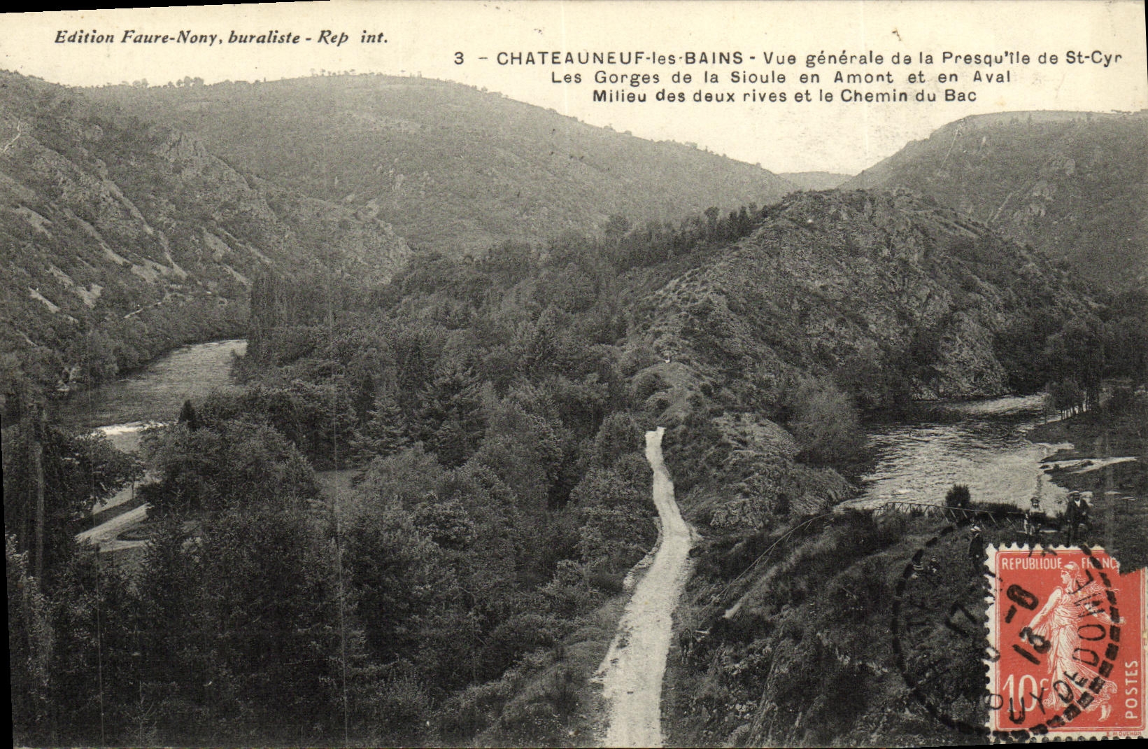 VINTAGE POSTCARD Chateauneuf Les Bains View of the presqu island of St Cyr throats of Sioule upstream and downstream Medium