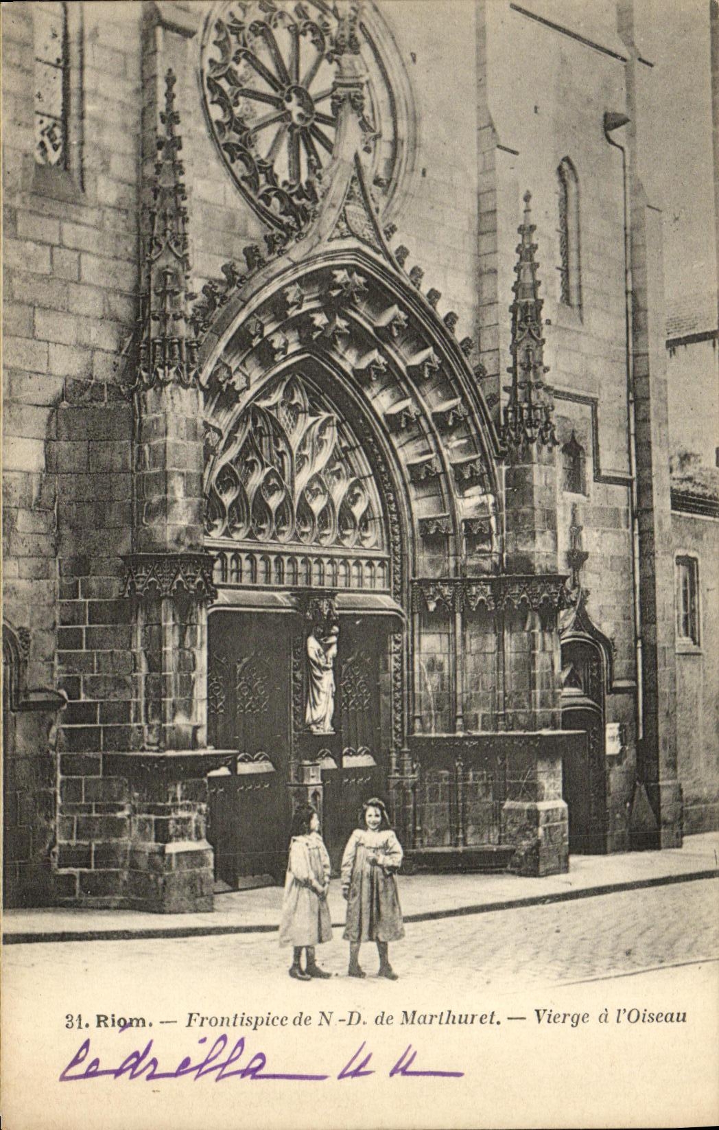 Frontispiece de Riom de la POSTAL de la VENDIMIA del ND de la Virgen de Marthuret de los ninos del pajaro en el interin