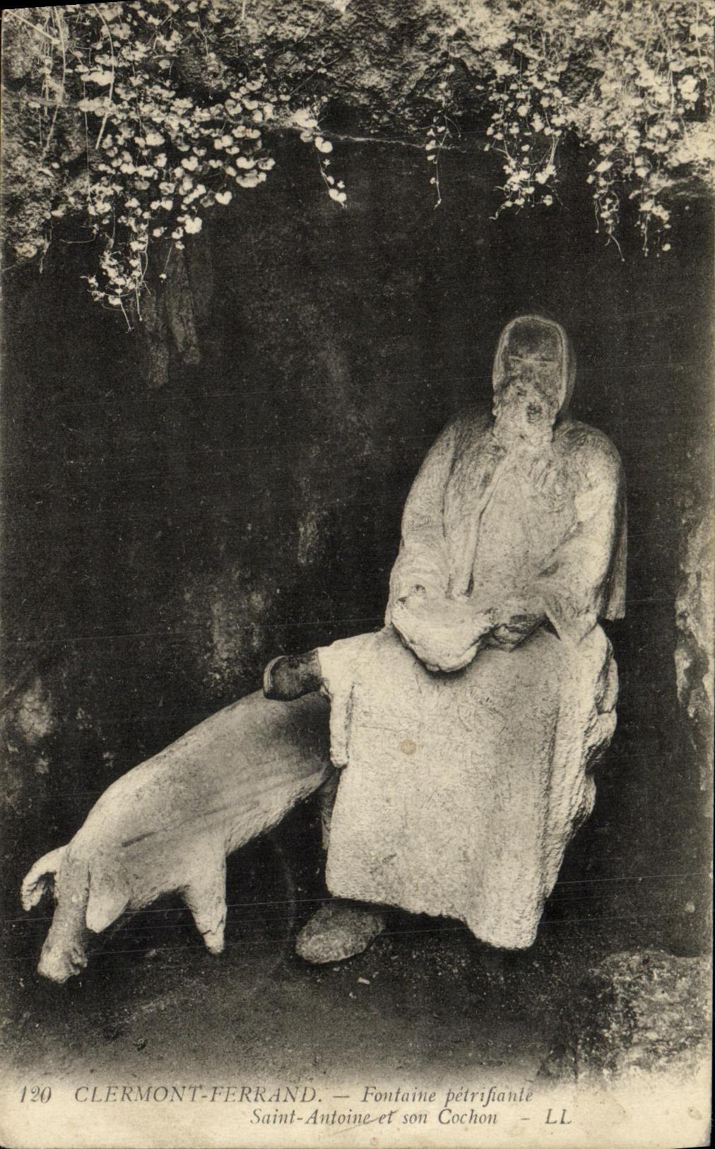 Fuente santa Antonio de Clermont Ferrand Perificate de la POSTAL de la VENDIMIA y su cerdo