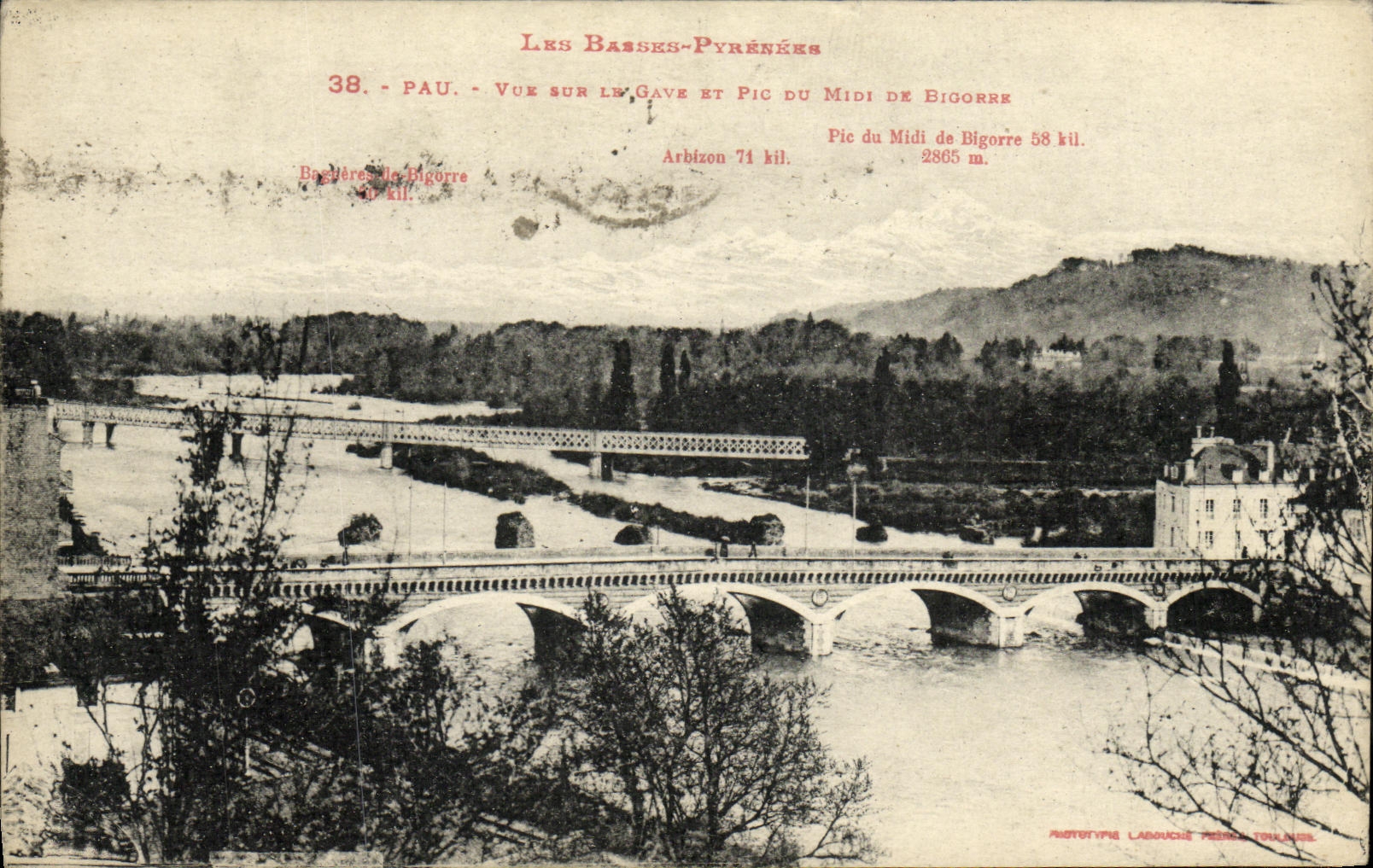 VINTAGE POSTCARD Pau Seen On Gave and peak of Midday of Bigorre