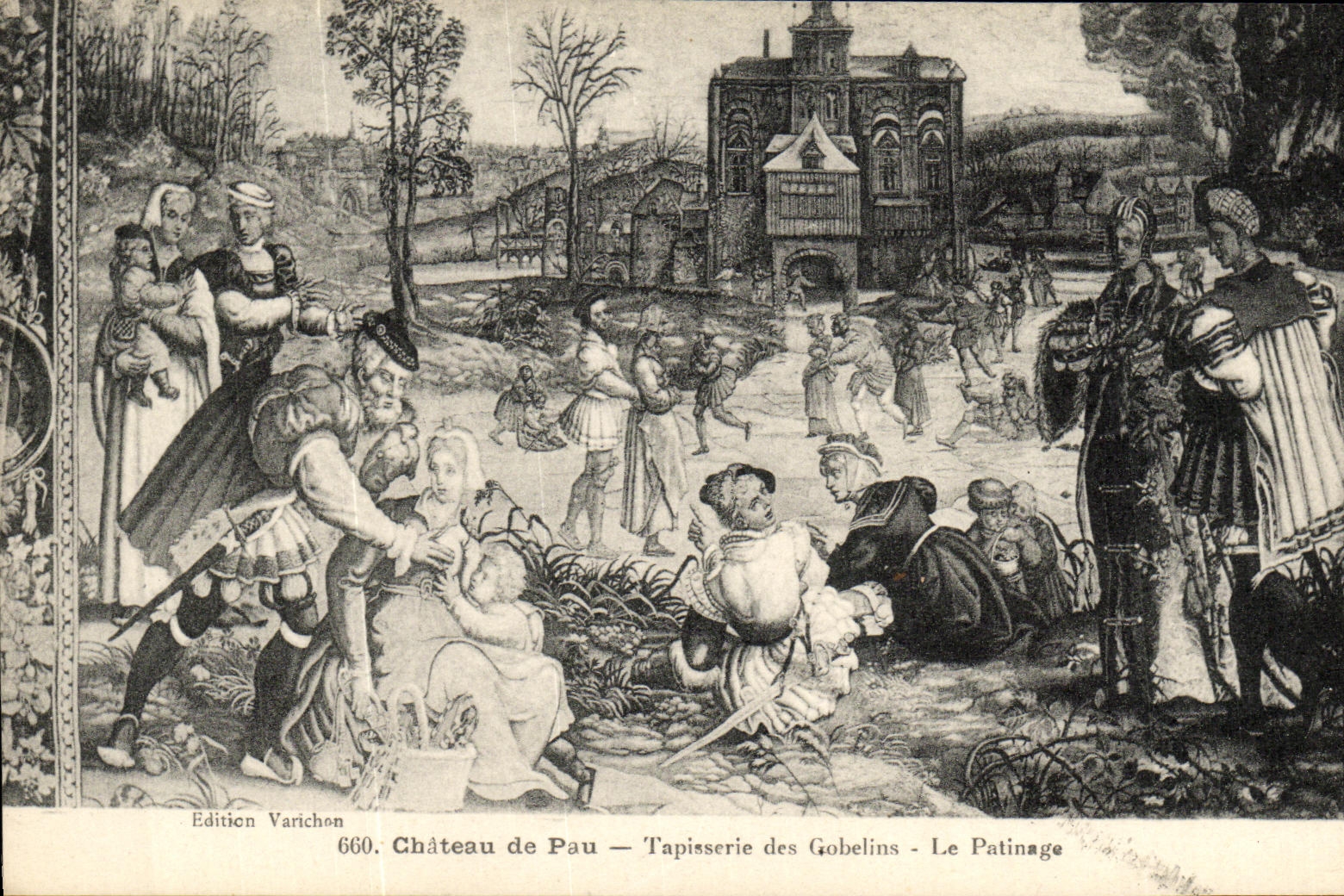 VINTAGE POSTCARD Pau Castle of Tapestry of the Goblins Ice skating