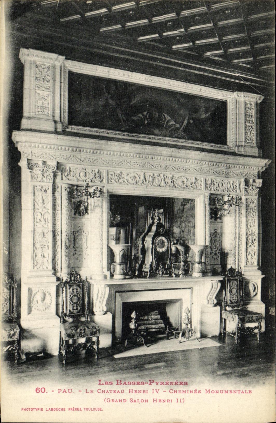 VINTAGE POSTCARD Pau the Castle Henri IV monumental Chimney Large living room Henri II