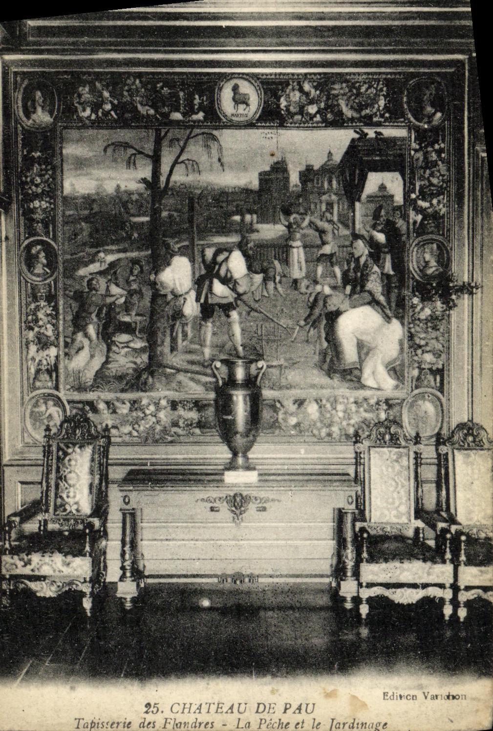 VINTAGE POSTCARD Pau the Castle Tapestry of Flandres Fishing and Gardening