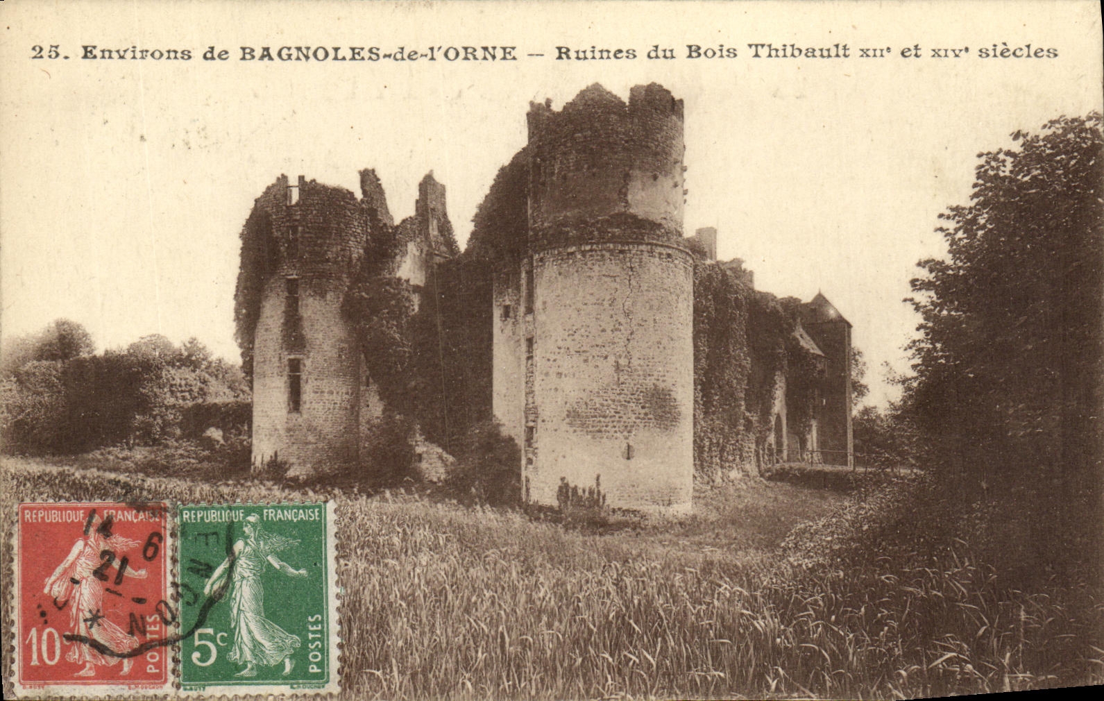 Los alrededores de la POSTAL de la VENDIMIA de Bagnoles de L adornan ruinas de la madera de Thibault