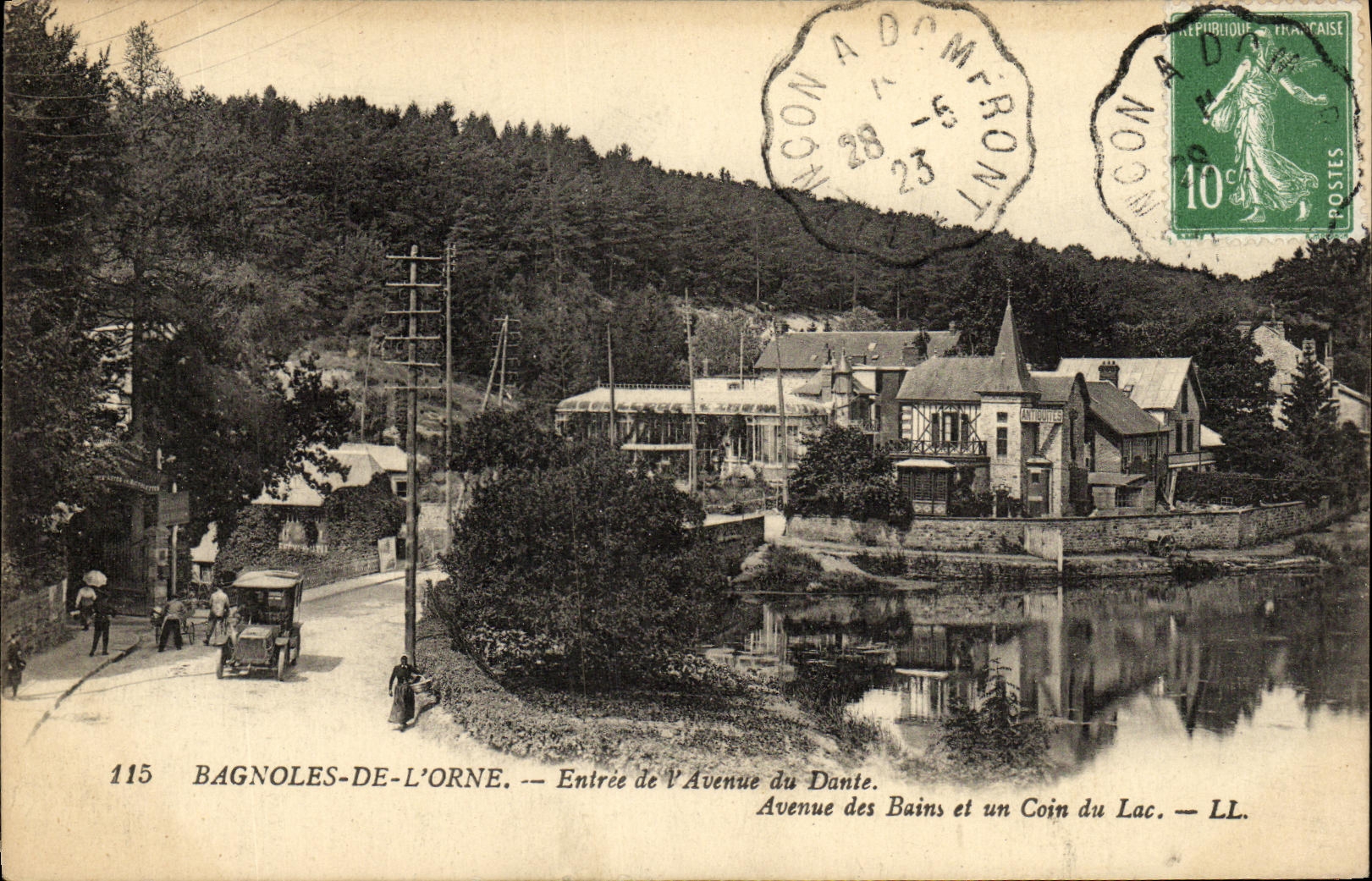 La POSTAL de la VENDIMIA Bagnoles de L adorna entrado de L avenida de la avenida de Dante de los banos y de una esquina del lago