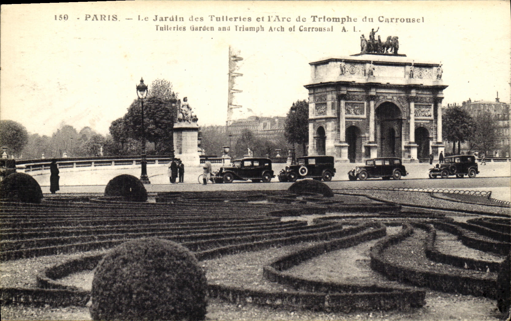 Jardin de Paris de la POSTAL de la VENDIMIA de Tileries y Arc de Triomphe del carrusel