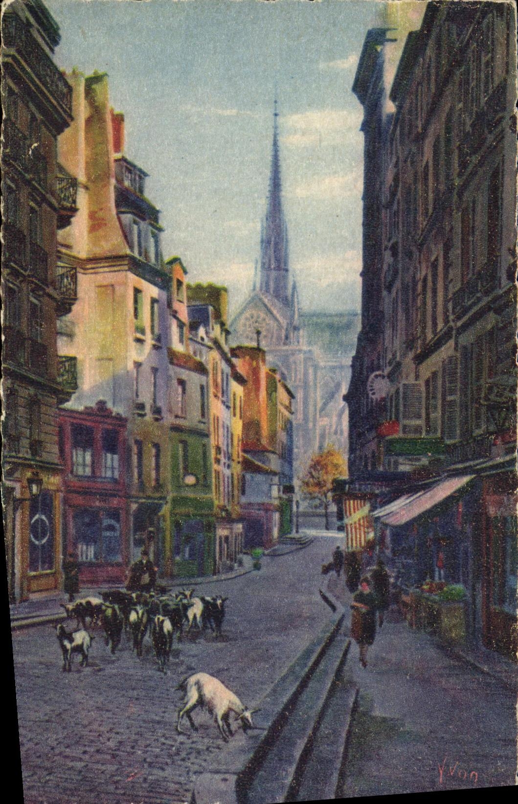 VINTAGE POSTCARD Paris While Strolling Street Top Paves Goats Dog