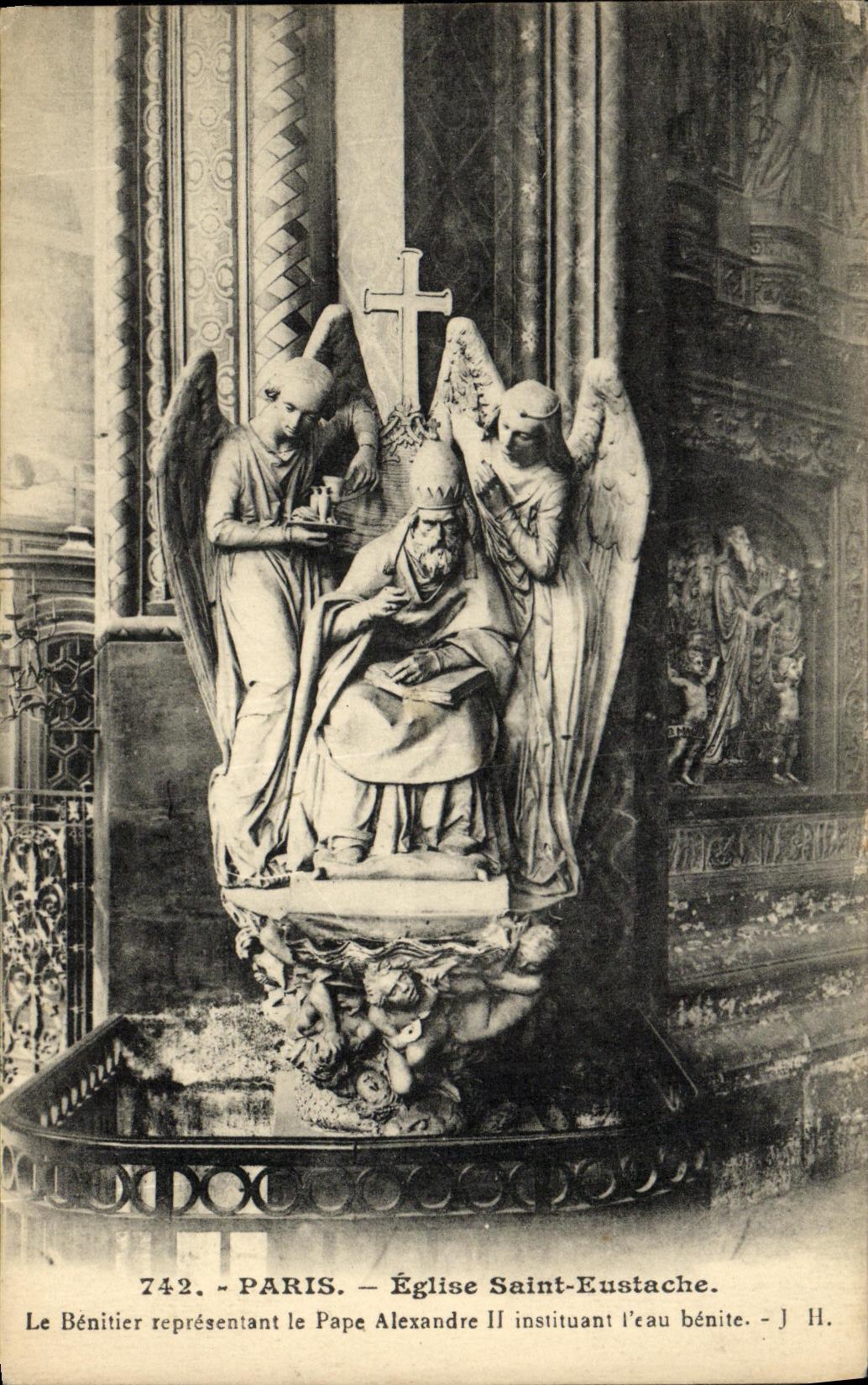 CPA Paris Eglise Saint Eustache Le benitier representant le pape Alexandre II instituant l eau benite