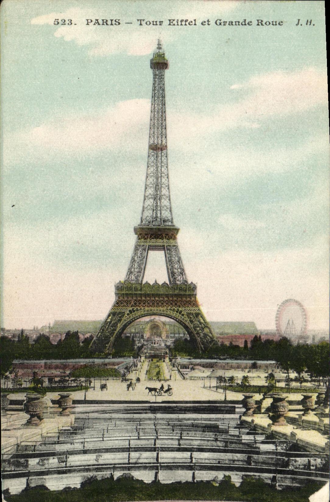 VINTAGE POSTCARD Paris Eiffel Tower and Grande Wheel