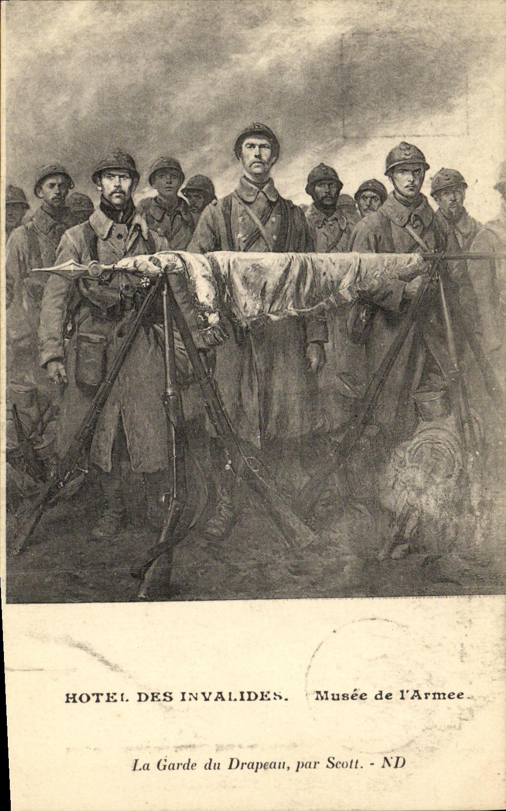 VINTAGE POSTCARD Paris Hotel Of the Invalids Museum Of L Armed guard with the flag by Scott Militaria