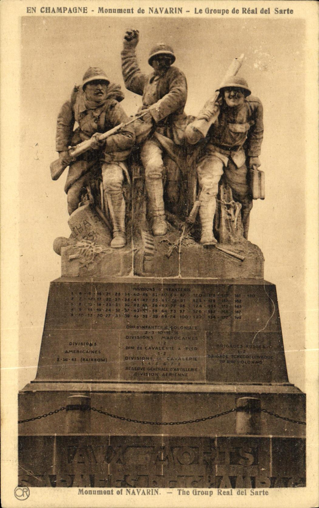 VINTAGE POSTCARD Out of Champagne Monument De Navarin the Group of Real del Sarte Militaria