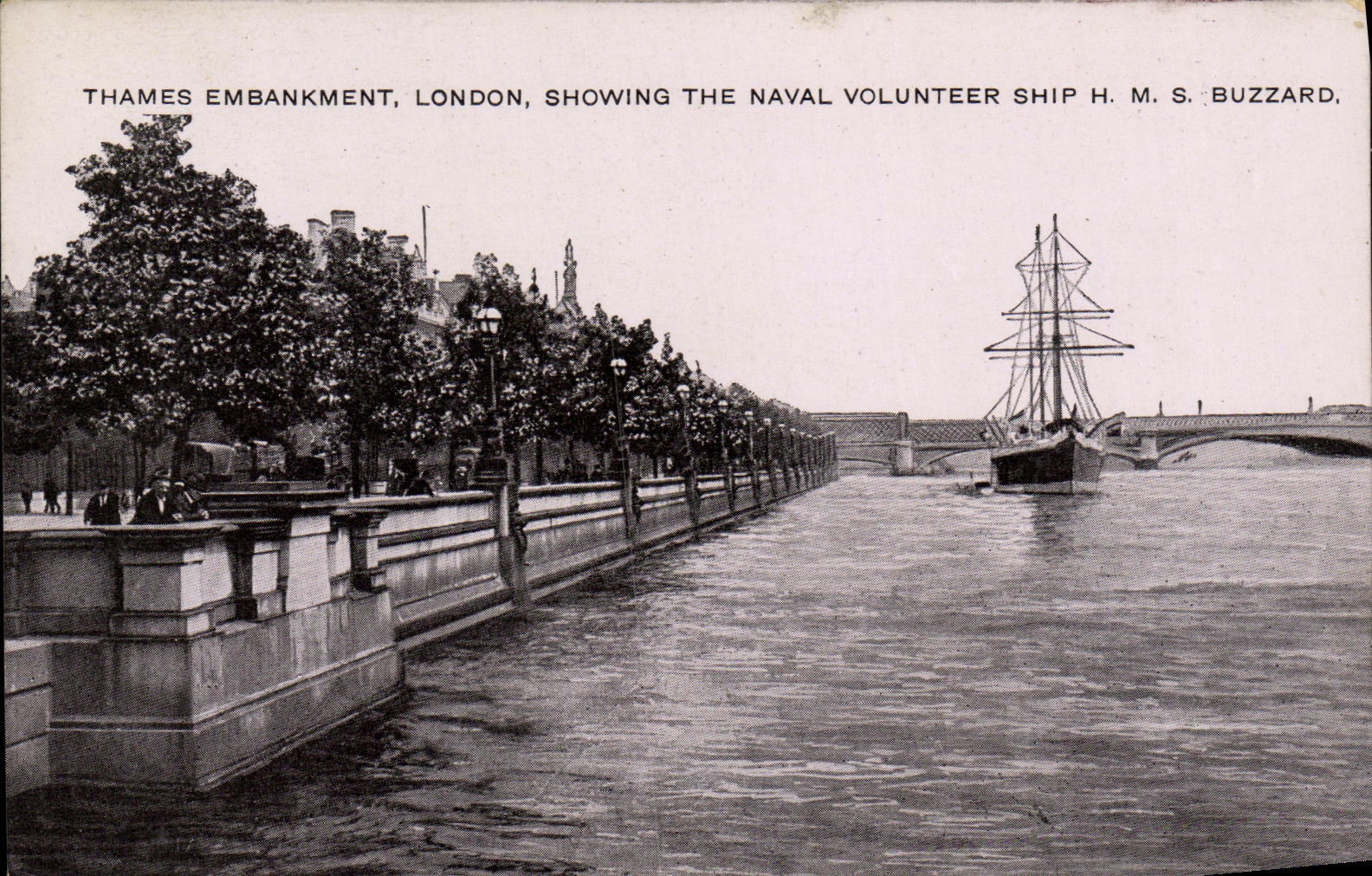 VINTAGE POSTCARD Thames Embankment London Showing The Naval Volunteer Ship HMS Buzzard
