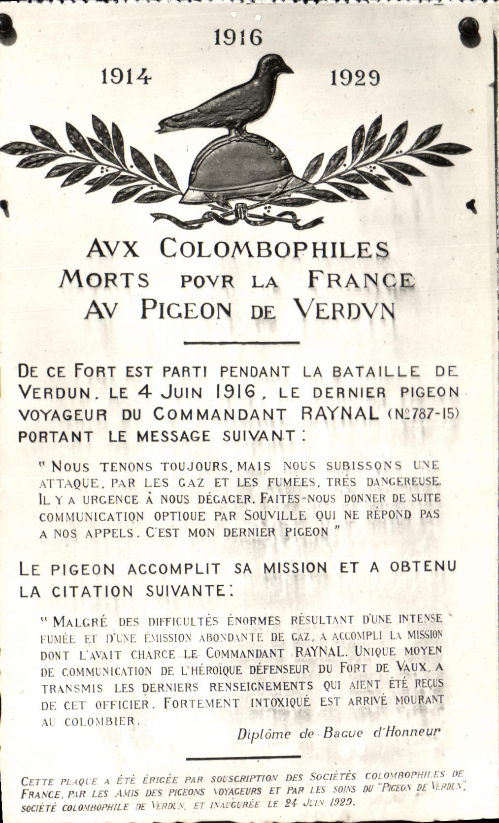 POSTAL de la VENDIMIA fort de Vaux la placa conmemorativa de la paloma de Militaria