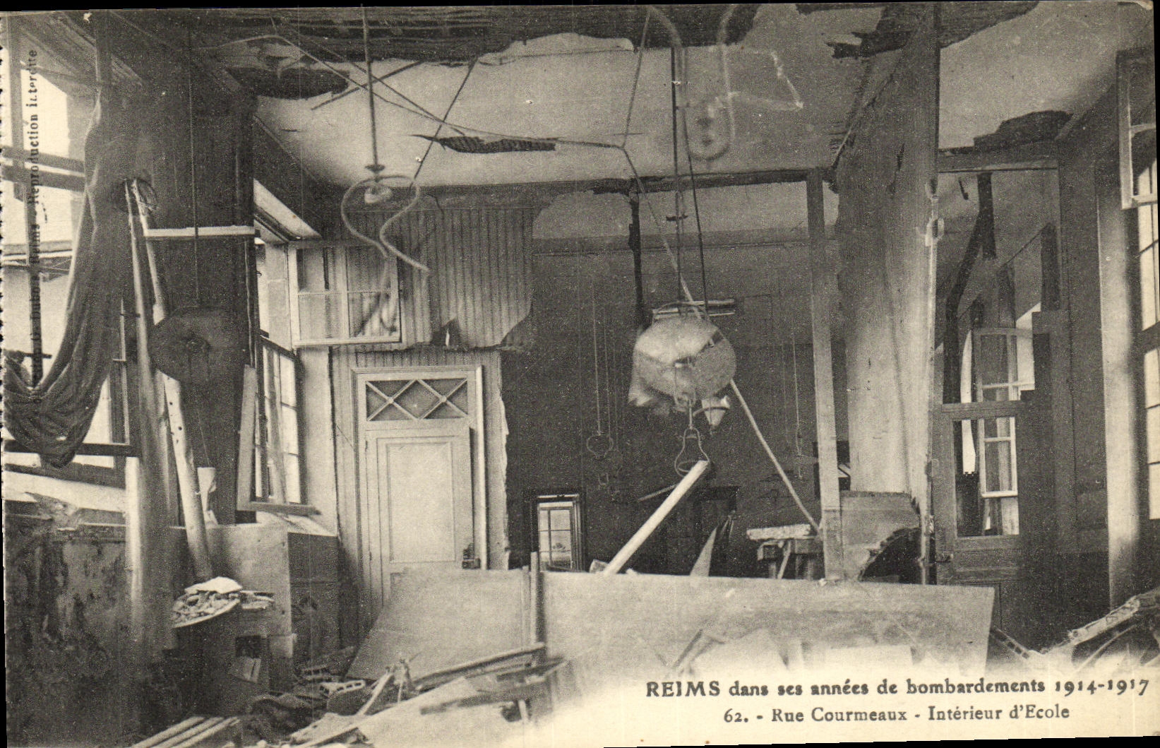 VINTAGE POSTCARD Rheims In its years of Bombardment Militaria Street Interior Courmeaux D school militaria