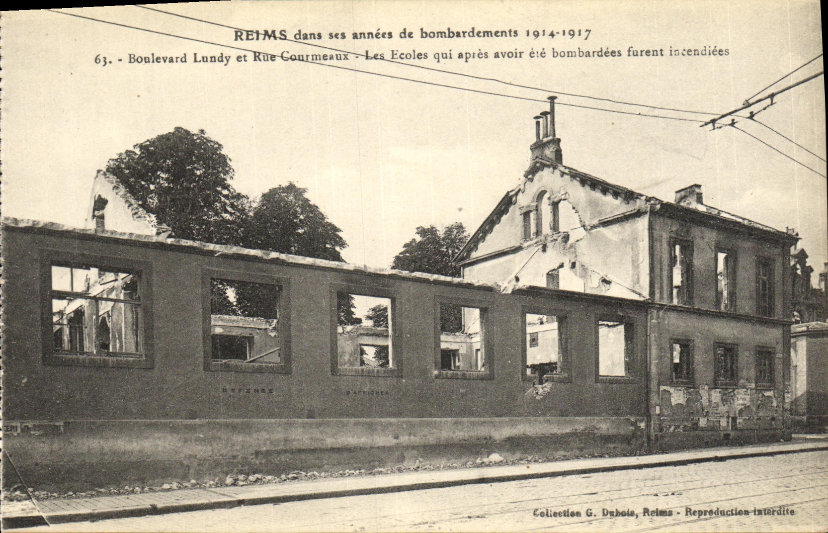 VINTAGE POSTCARD Rheims In its years of Bombardments Boulevard Lundy and Rue Courmeaux the Militaria schools