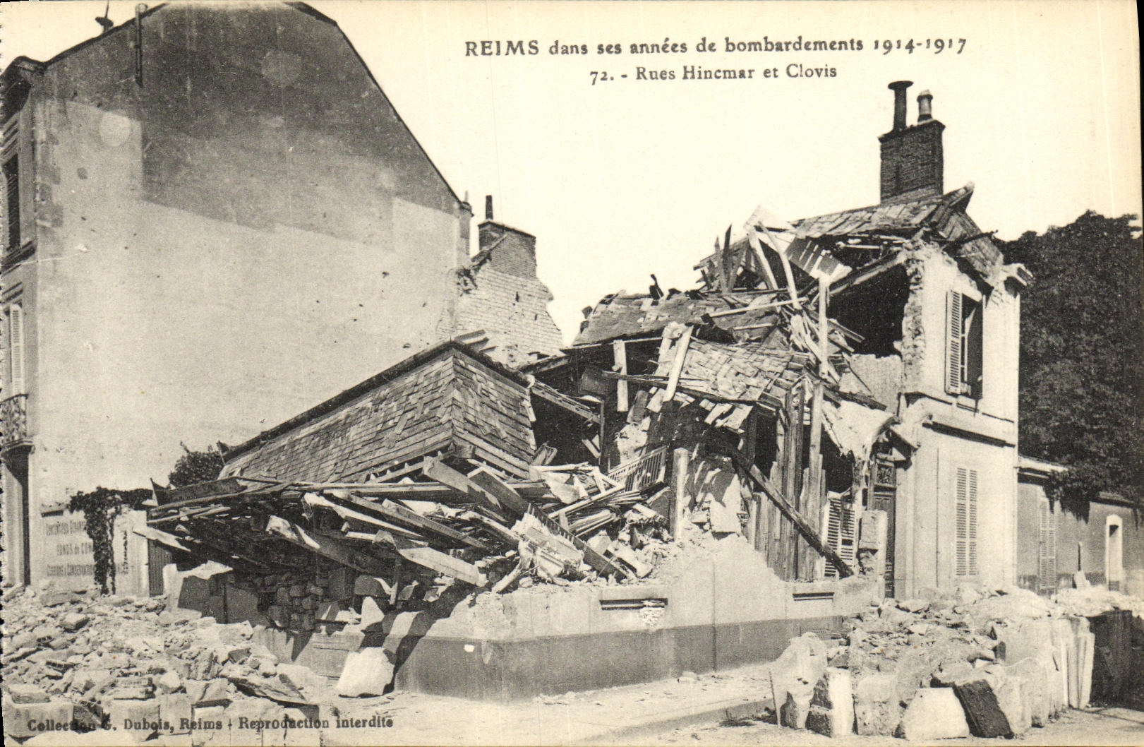 VINTAGE POSTCARD Rheims In its years of Bombardments Streets Hinemar and Clovis Militaria