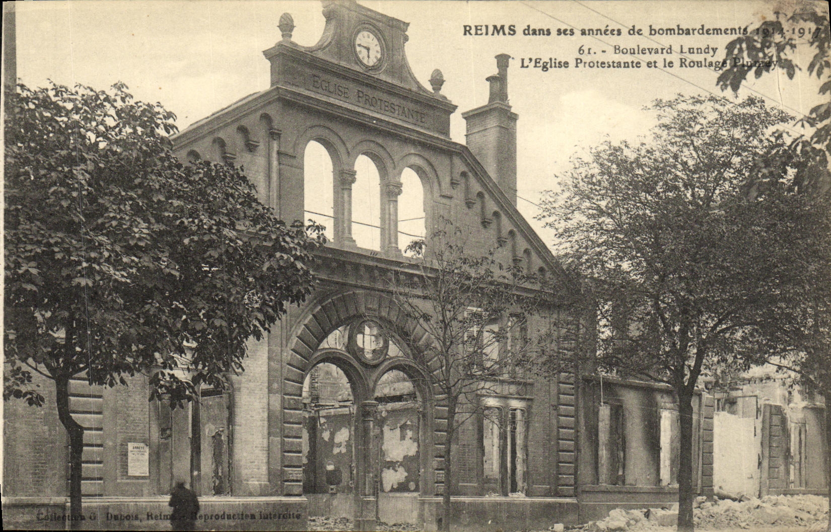 VINTAGE POSTCARD Rheims In its years of Bombardment L Protestant Church and Rolling