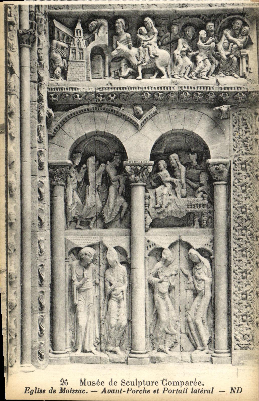 Museo de la POSTAL de la VENDIMIA de la iglesia de Comparee de la escultura de Moissac antes de la puerta del portico y del lado