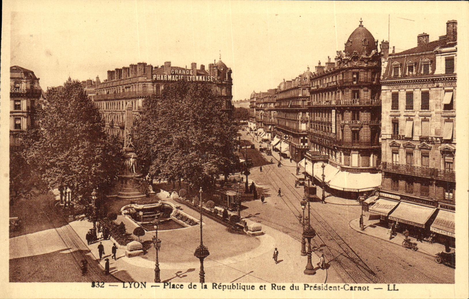VINTAGE POSTCARD Lyon Places Republic and Street of President Carnot
