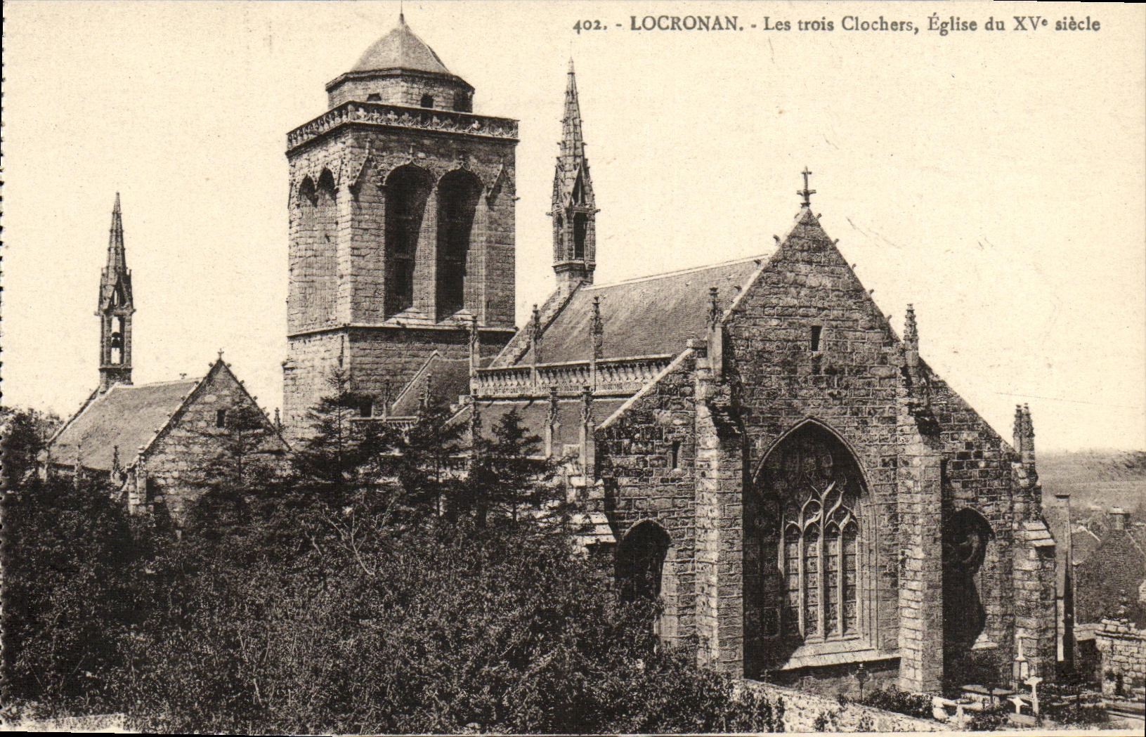 VINTAGE POSTCARD Locronan the three Bell towers Church of 15th