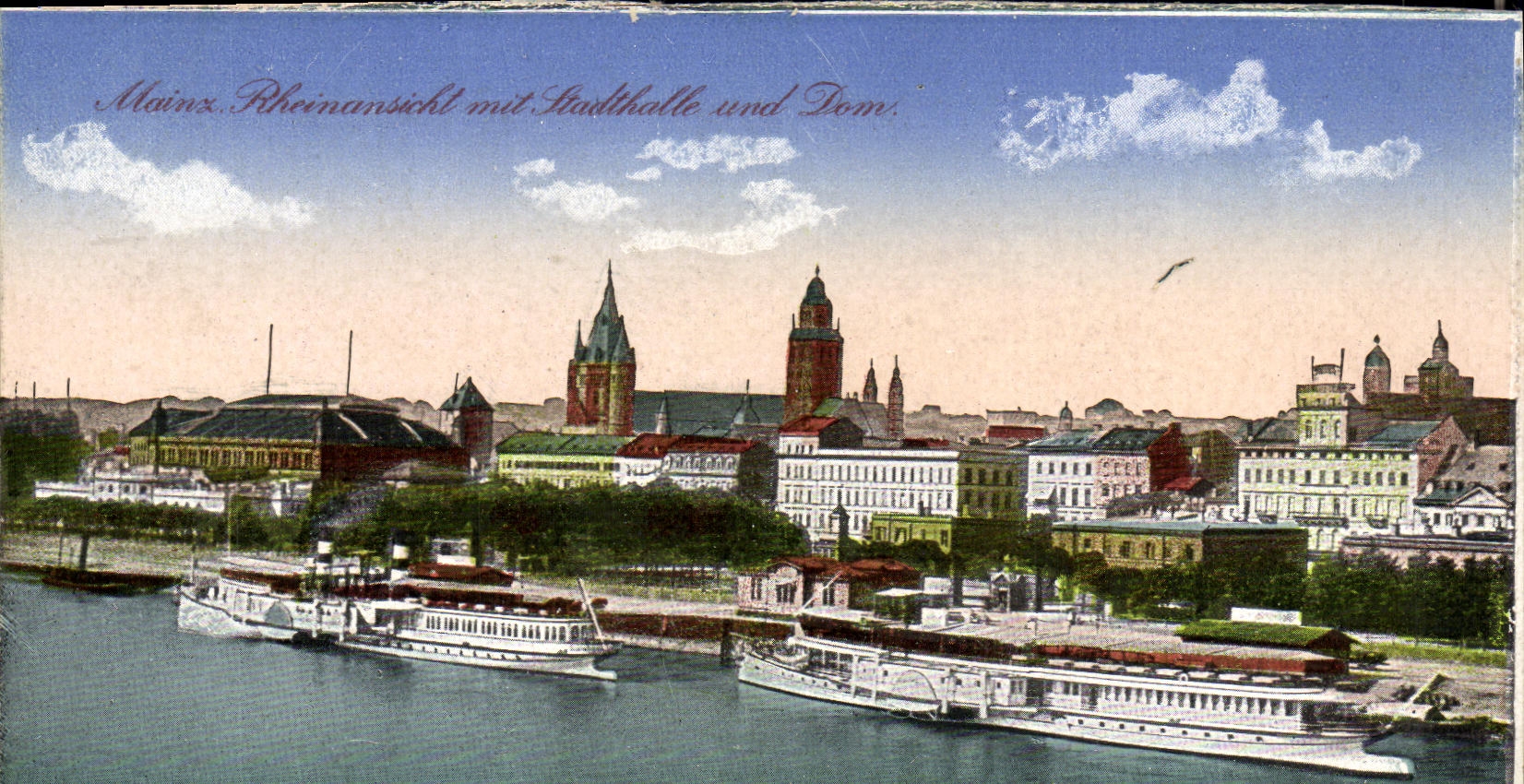 La POSTAL Maguncia Rheinansicht de la VENDIMIA puso los barcos de los Dom del und de Stadthalle